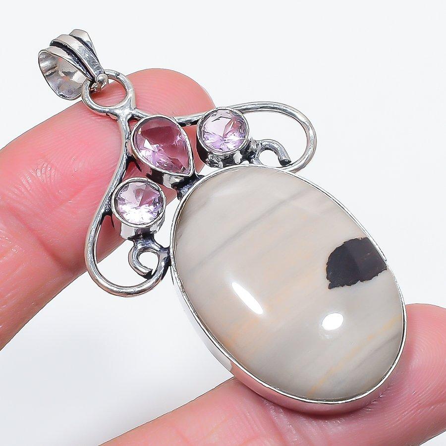 Natural Porcelain Jasper, Kunzite 925 Sterling Silver Jewelry Pendant 2.44" N5R01