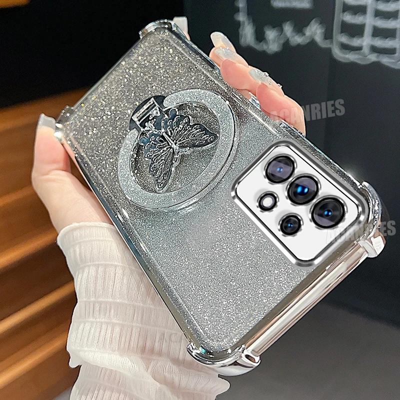 

A56 A36 A16 A26 Блестящий чехол-подставка в виде бабочки с гальваническим покрытием из силикона для Samsung Galaxy A55 A54 A53 A33 A23 A14 A15 Противоударный чехол A24 4G серебряный