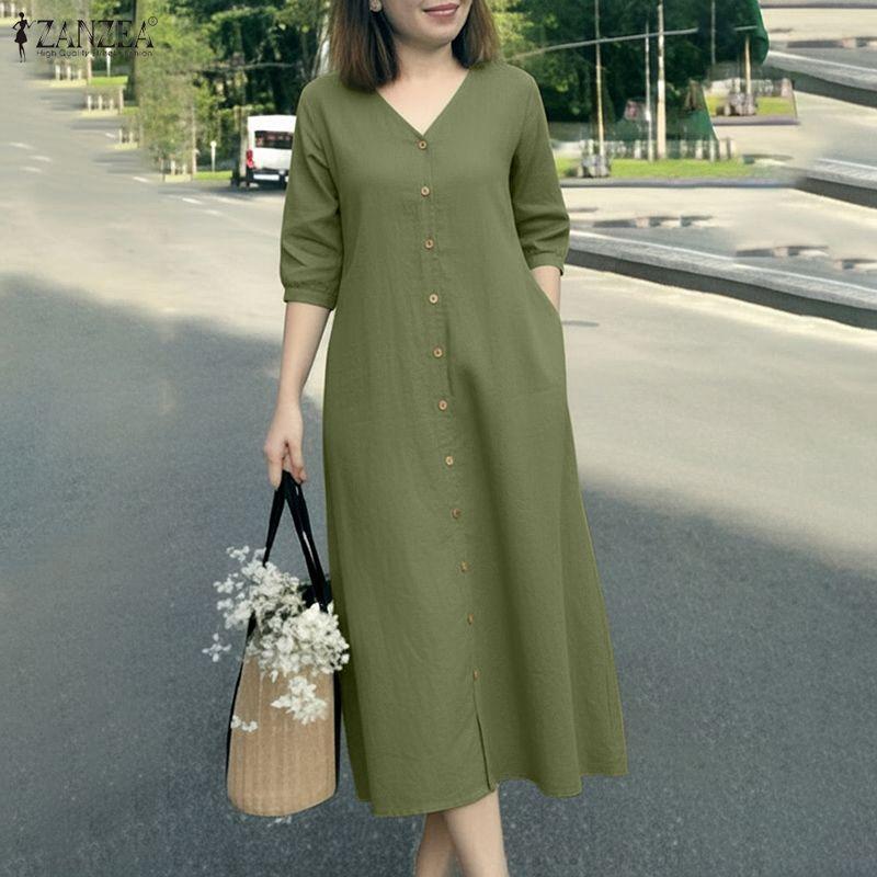 ZANZEA Women CasuaL V-Neck Summer 3/4 Sleeve Dress