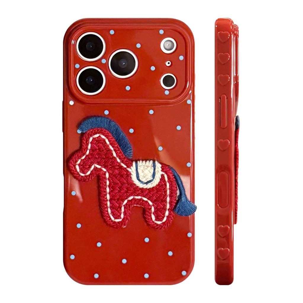 Wine Red Polka Dot Embroidered Horse Phone Case for iPhone 17 Pro Max, iPhone 16, and iPhone 13 with Drop Protection