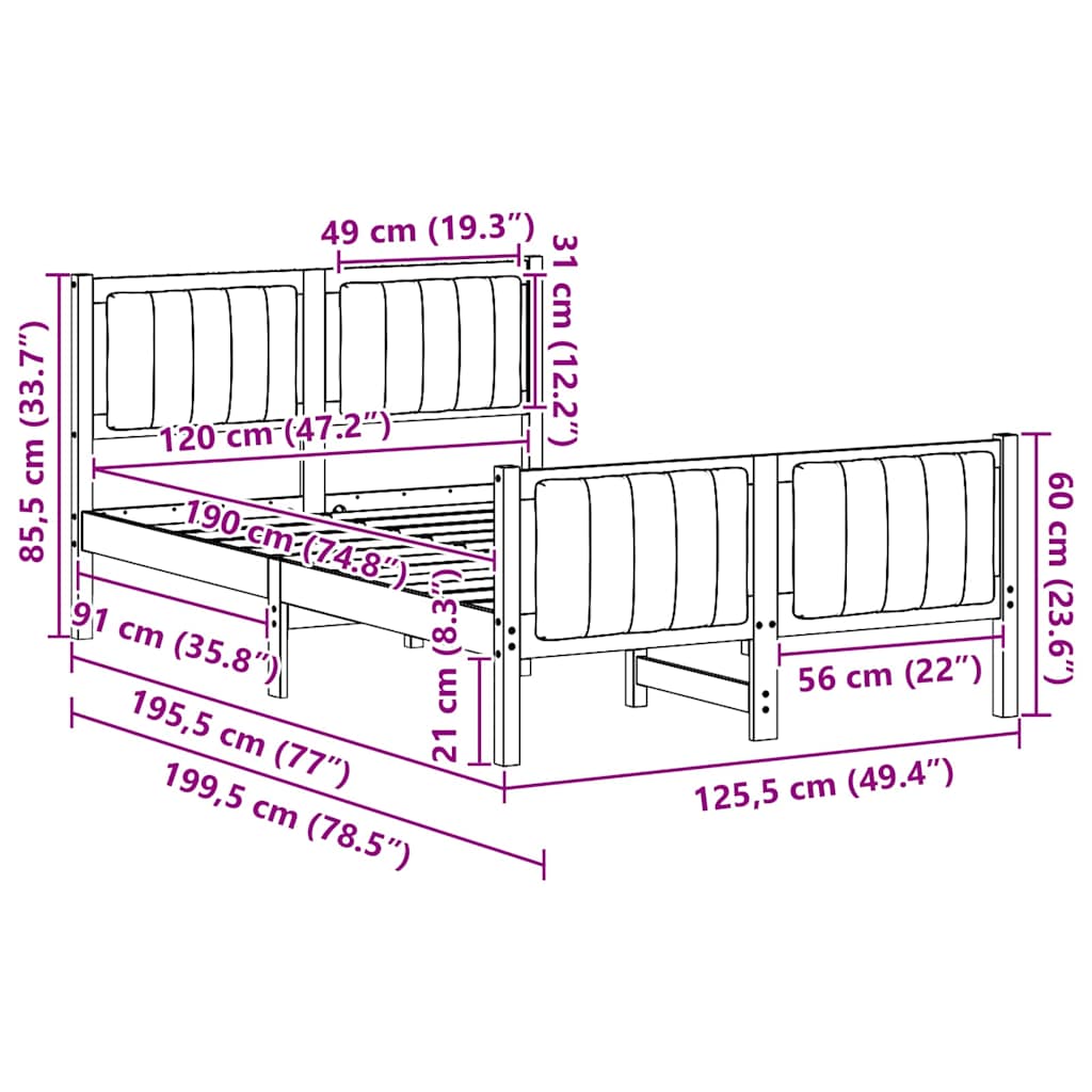 Bed Frame in Brown and Light Gray 120 x 190 cm Solid Pine Wood
