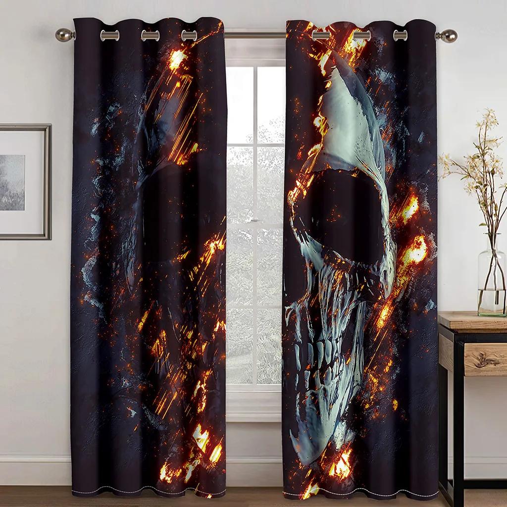 Cortinas Decorativas de Halloween 3D para Ventana de Sala de Estar, Dormitorio, Balcón con Diseño de Calavera Negra Masculina, 2 Paneles