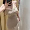 Fashion Spice Girl Slim Skinny Niche Design Sense Hip Wrap Skirt Pure Desire Sexy Lace Splicing Suspender Dress Women