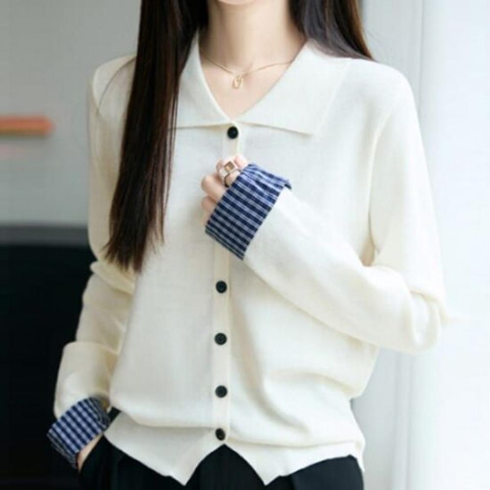 Navava Casual Check Point Collar Long Sleeve Knit Cardigan Nk3590
