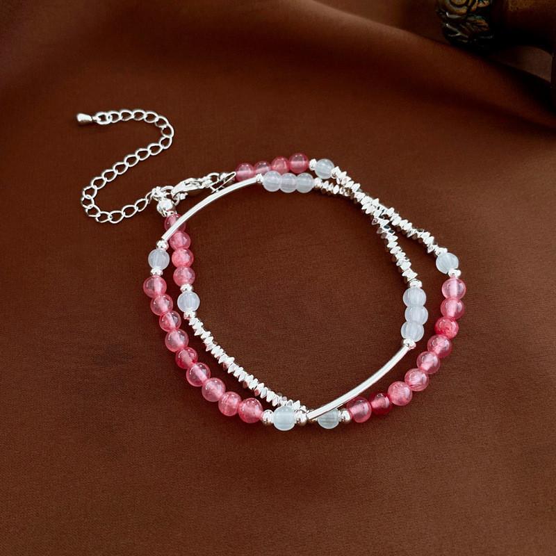 

New Chinese Style Blue Topaz Silver Beaded Bracelet With Geometric Design For Summer Gift Giving розовый