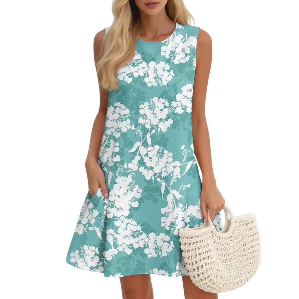Women's Casual Fashion Breathable Round Neck Vest Floral Holiday Dress With Pockets