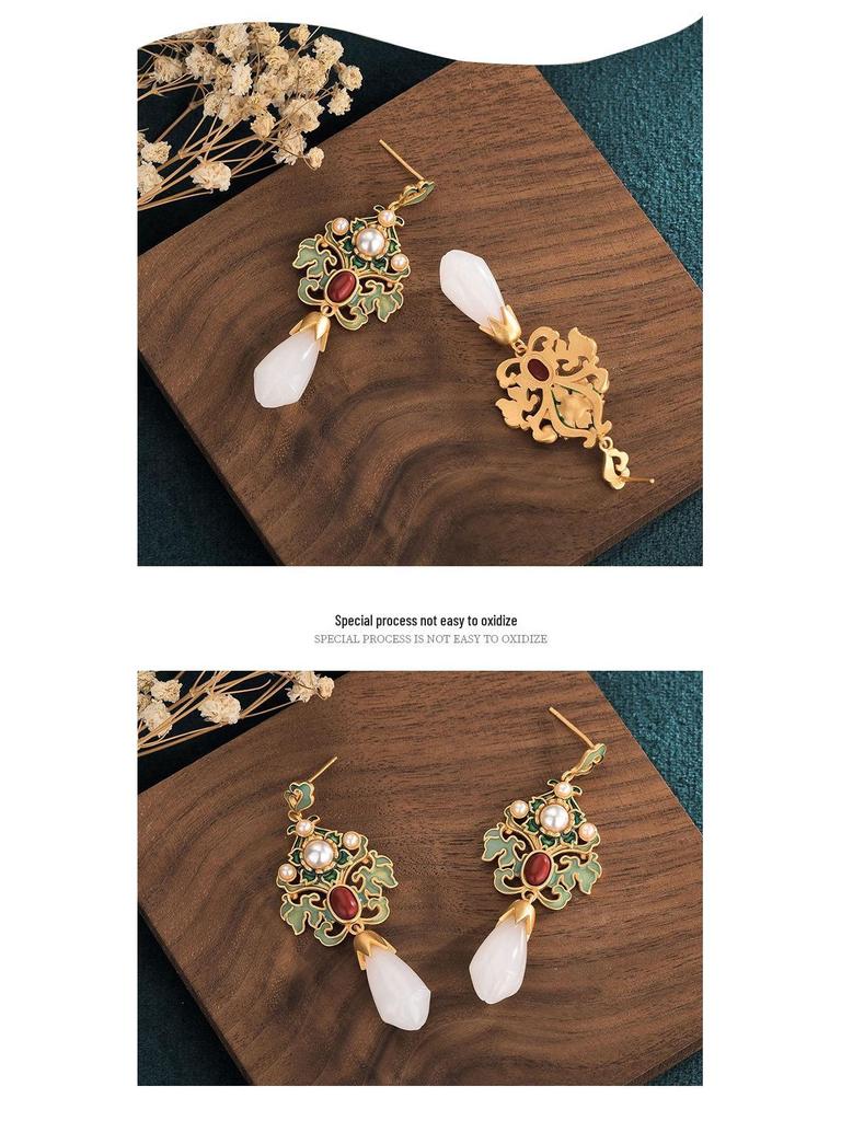 Retro Magnolia Fairy Earrings: Enamel Cloisonné & White Jade Cheongsam Style