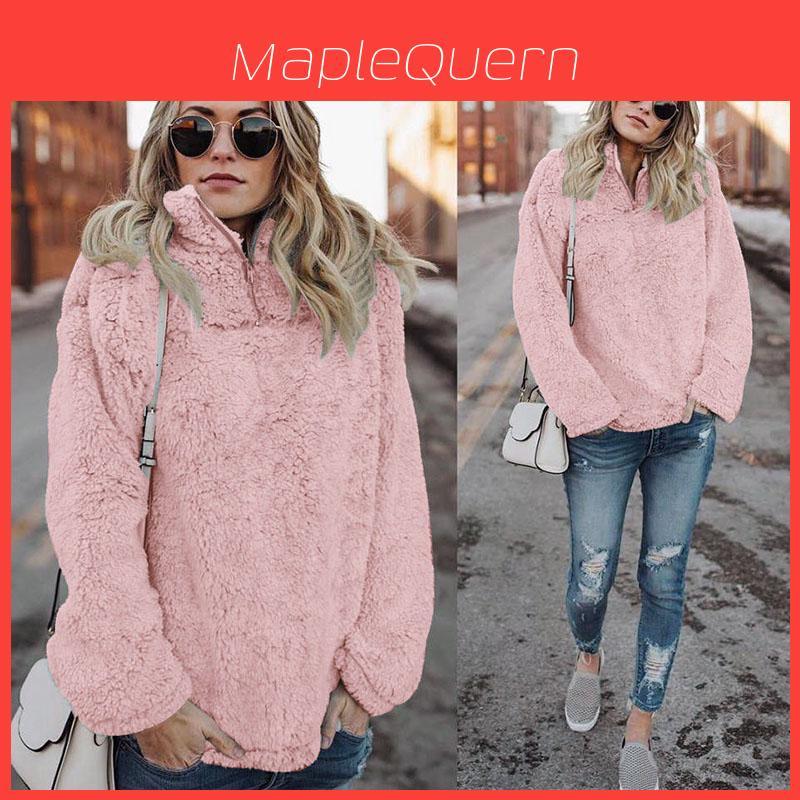 Hochwertiger Damen Fleece Pelz Kapuzenpullover Winter Wolle Thermisch Damen Reißverschluss Pullover Bluse