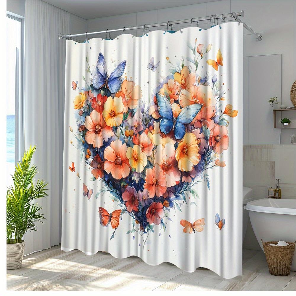 1Pc Valentine'S Day Floral Heart Shower Curtain With Colorful Butterflies - Polyester Fabric Bathroom Decor, 70. 8X70. 8 Inches,