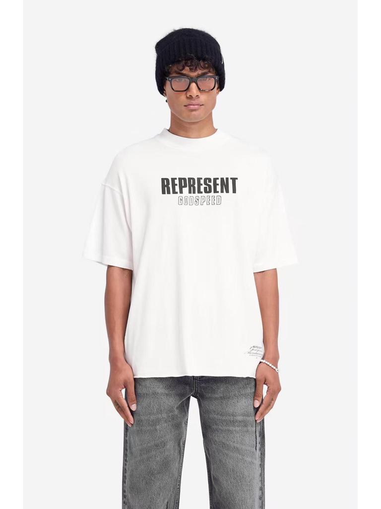 REPRESENT REP Letter Angel Print Vintage Washed Distressed Loose Short Sleeve T-Shirt for Men and Women