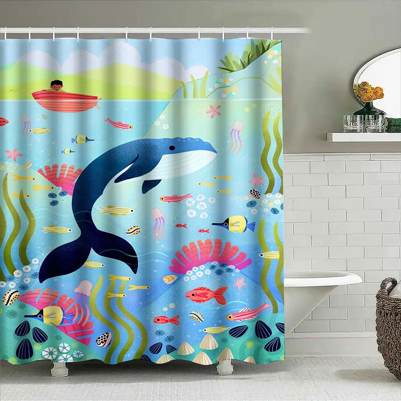 Animal Kingdom Bath Shower Curtain Set Blue Whale Fish Ocean Life Decor For Bathroom 72 Long Polyester Fabric With Plastic Hooks