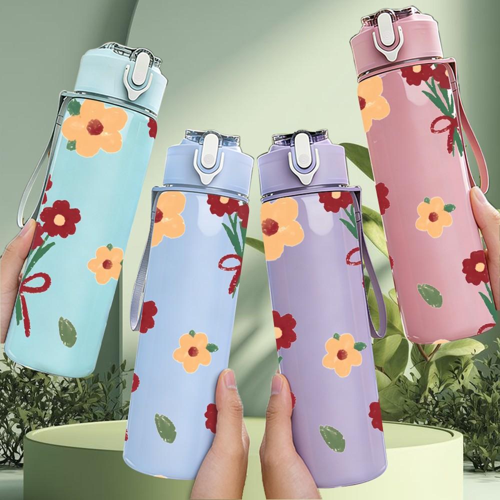 1PC Red Bouquet Flower Bow Decoration 750ml Color Plastic Sports Water Bottle Leakproof Flip Straw Lid Suitable for Sports Office Home Use