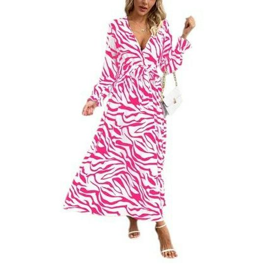 Zebra Print V-Neck Midi Dress - Elegant, Waist-Hugging, Long Sleeve, Autumn Fashion