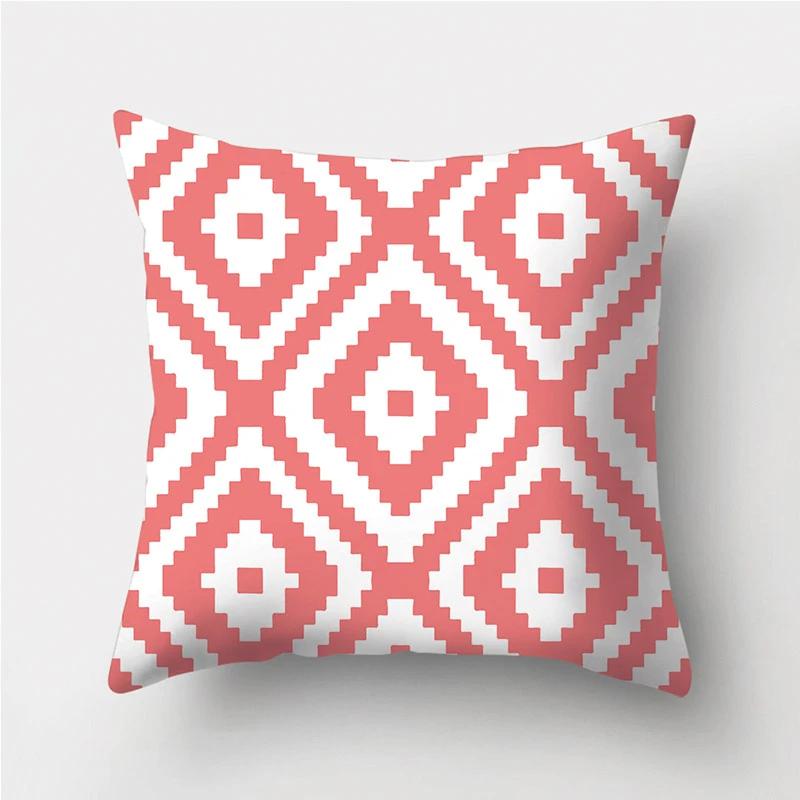 Coral Red Geometric Stripe Printed Pattern Polyester Cushion Cover for Home Living Room Sofa Decoration Throw Pillow Pillowcase