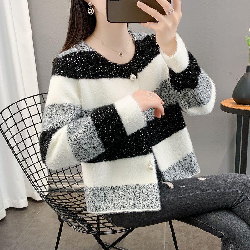 Soft Rainbow Striped Knit Sweater Women Autumn Mink Top Beautiful Pullover