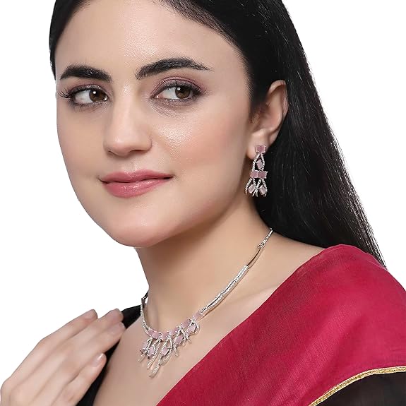 Collier contemporain clouté de diamants américains plaqué rhodium avec boucles d'oreilles, ensemble de bijoux pour filles et femmes