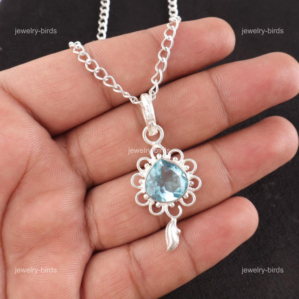 Heart Sky Blue Topaz Stone 925 Silver Ethnic Trendy Birthday Gift Boho Pendant PP-4-8