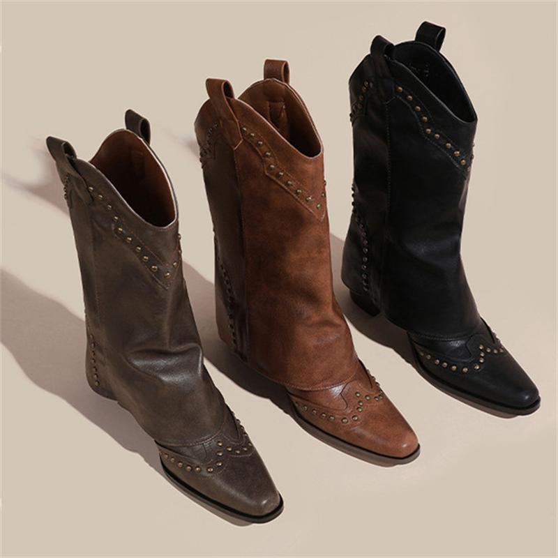 Pointed Toe Rivet Decoration Women Motorcycle Boots Crude Heel Women Knight Boots Retro Casual Solid Color Platform