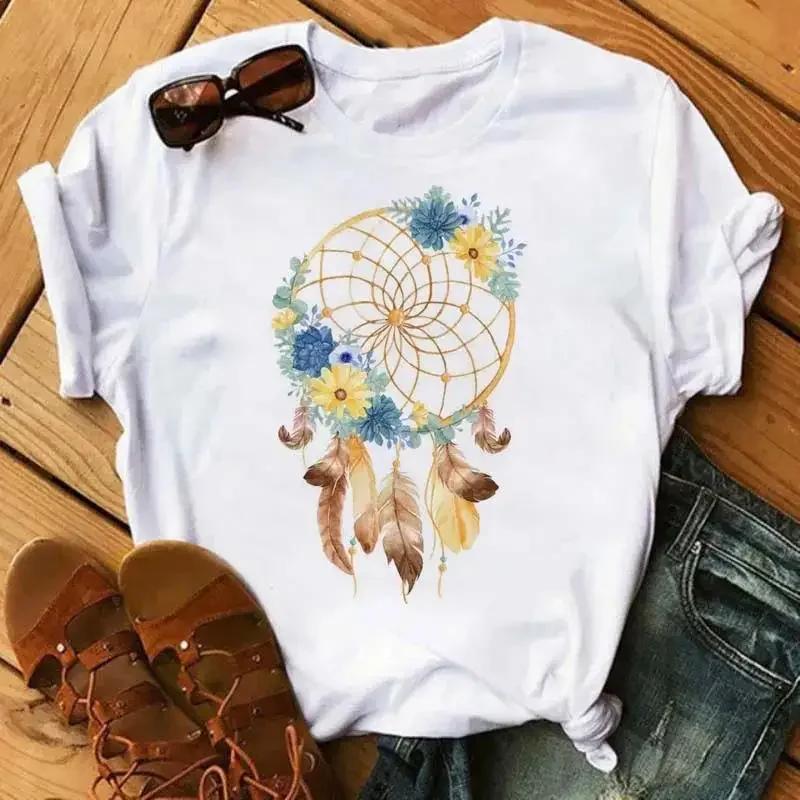 Print T Shirt Fashion Crew Neck Short Sleeve  T Shirt  Fashion Dream Catcher T Shirt Women Harajuku Graphic