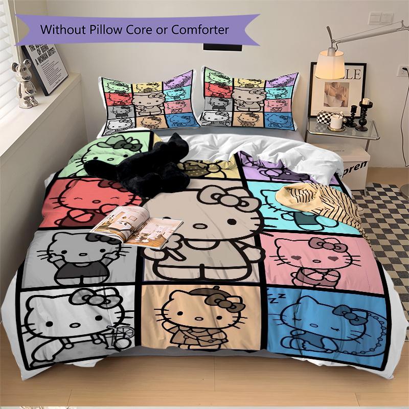3pcs Multicolor Hello Kitty Bedding Set 1 Soft Quilt Cover + 2 Pillowcases, Machine Washable Suitable for All Seasons, Perfect Gift W062