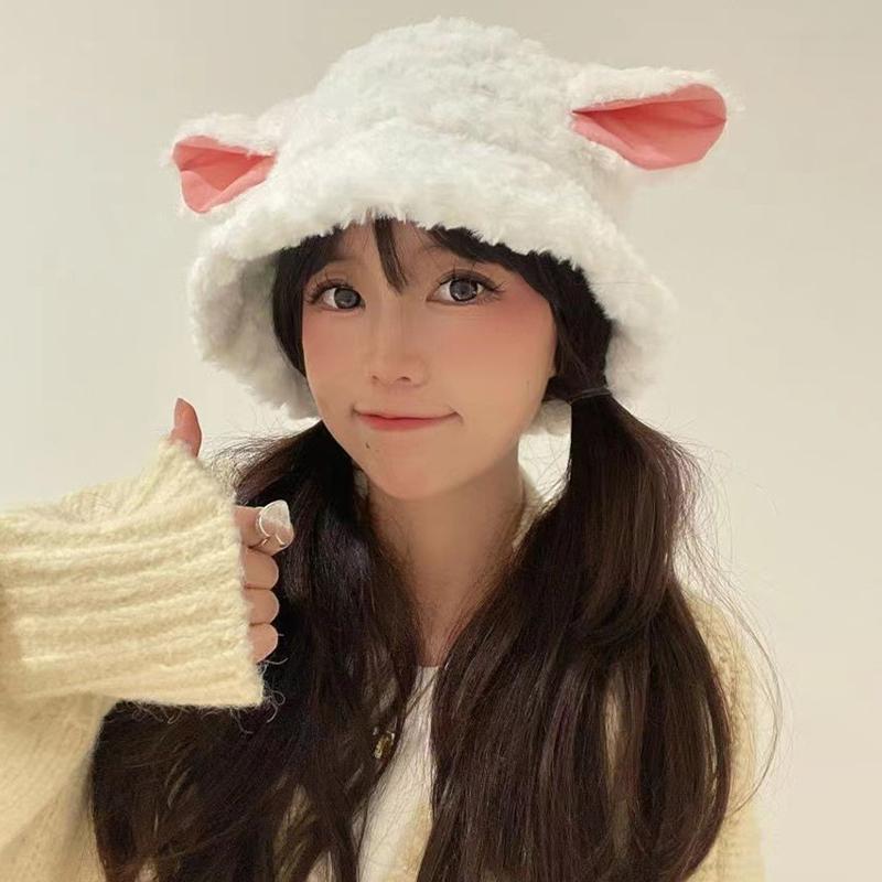 Women'S Lamb Ear Hat Cute Multi-Functional Fisherman Hat Autumn Winter Cap