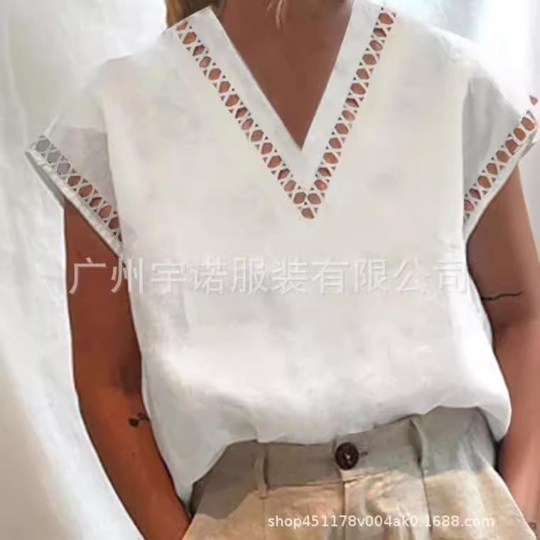 2023 Women's European & American Lace Hollow Cotton Linen V-Neck Shirt