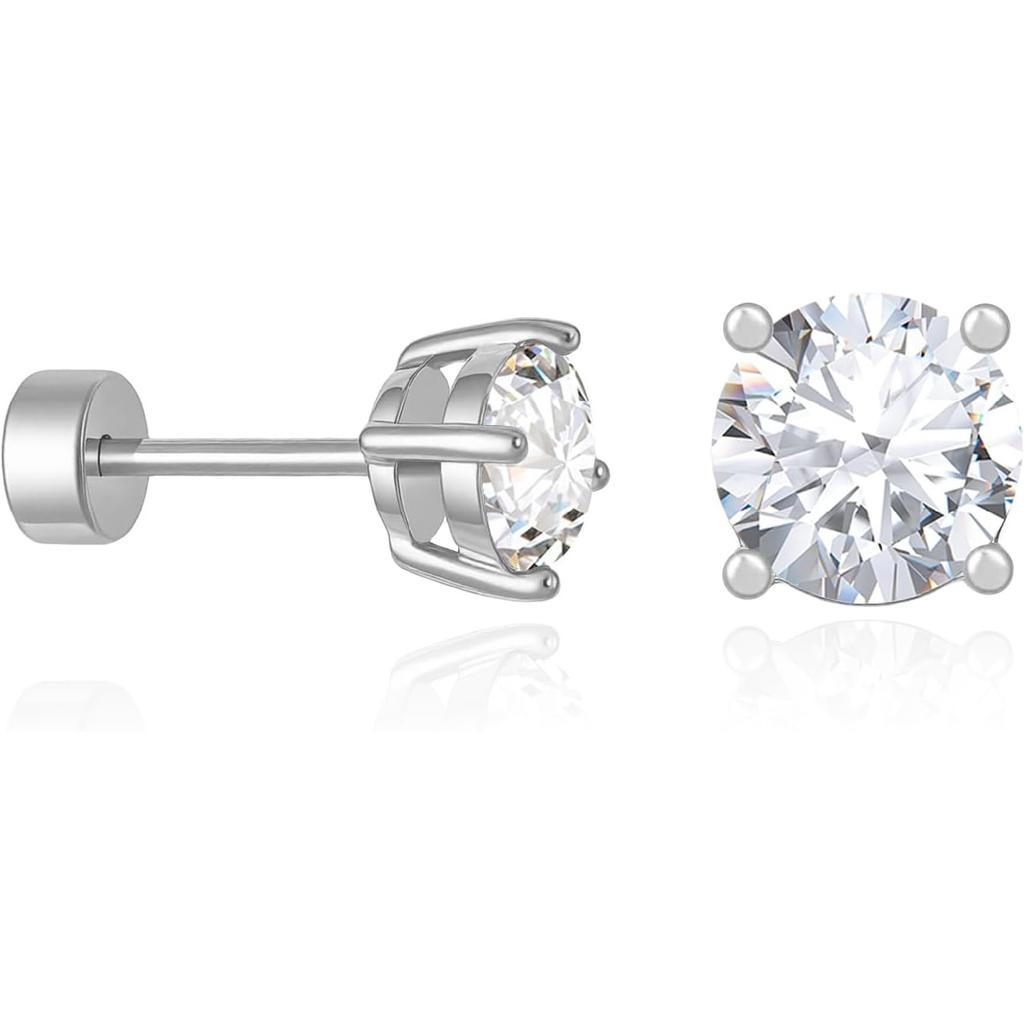 Cicy Bell Womens Flat Back Stud Earrings 18K Gold Plated Hypoallergenic | 316L G23 Surgical Titanium Steel, CZ Stud Jewelry, Tragus Helix Cartilage