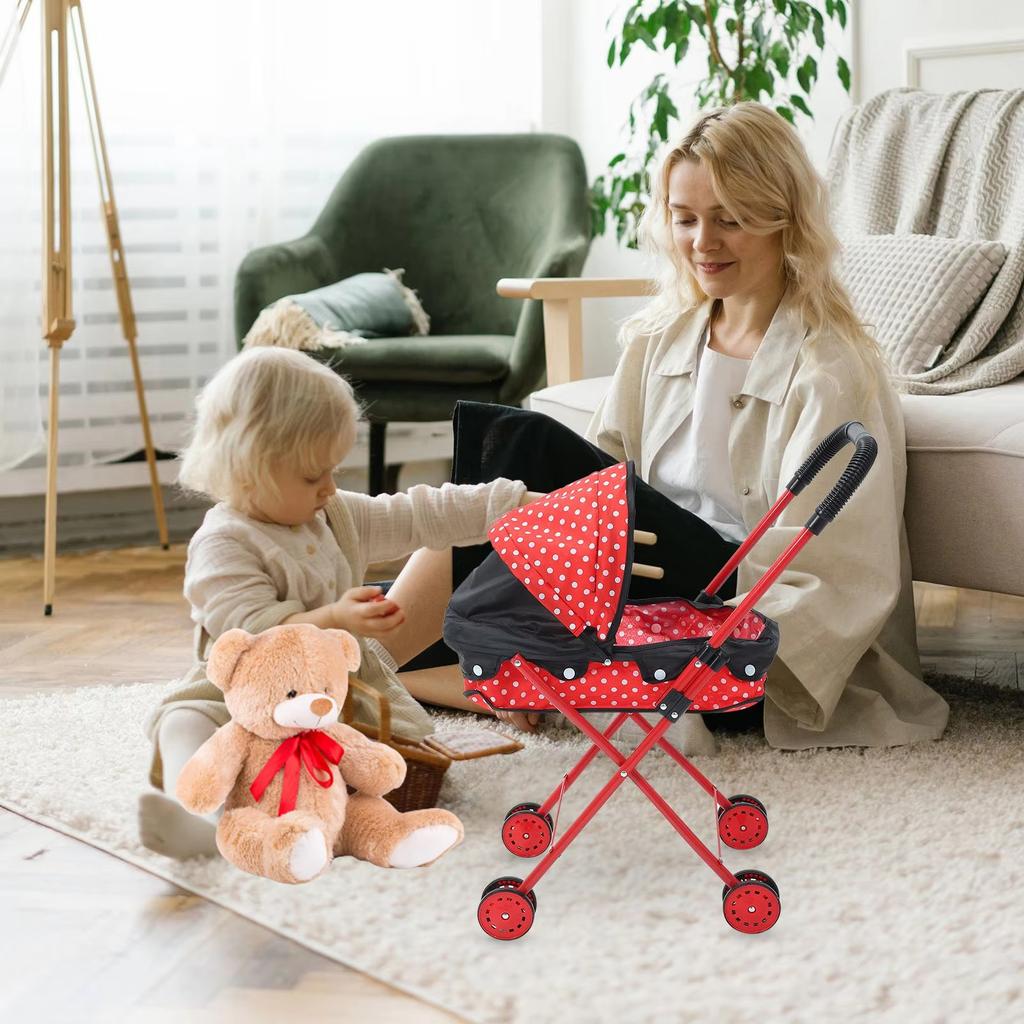 Dollhouse Pretend Play Baby Stroller Push Cart for Kids with Iron Frame and Oxford Fabric
