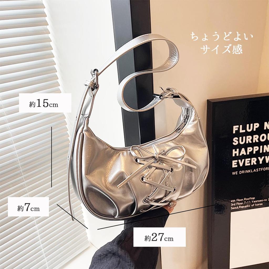 Hobo Bag Shoulder Bag Horizontal Ribbon Handbag Silver Bag Landmine Style Y2K Ballet Core Horizontal Bag Black Silver Shoulder Double Pockets Stylish