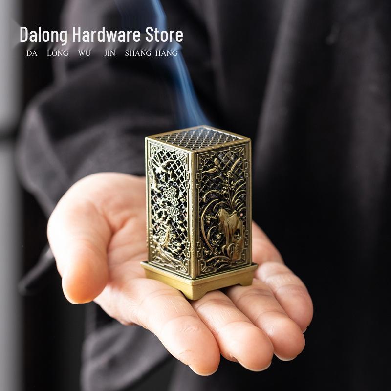 Round Plum Orchid Bamboo Chrysanthemum Square Copper Alloy Incense Burner for Indoor Aromatherapy and Home Ornament.
