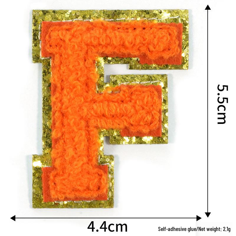 

Self-Adhesive Orange Towel Chenille Embroidery Patch with Gold-Edge, 26 Alphabet Letters for DIY Clothing.