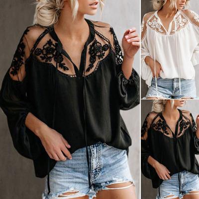 V-neck Long Sleeve Front Lace-up Casual Blouse Flower Pattern Embroidery Lace