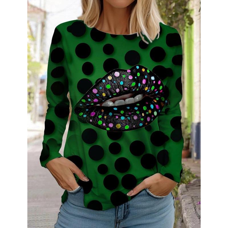 Spring And Autumn Long Sleeve Lip Print Leopard Printed T-Shirts Women Basic Casual Tops Female Loose Round Neck Tees Clothing