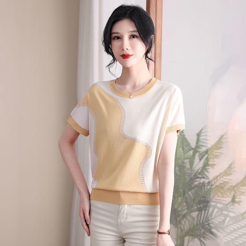 Summer Women's Ice Silk Knitted T-shirt Thin Middle-aged and Elderly Women's Knitted Top