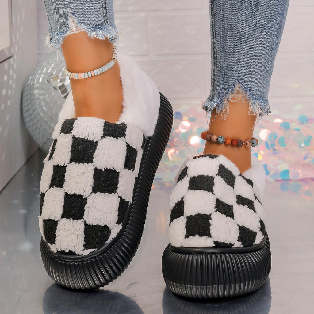 Bottes de Neige Femme Mode Hiver Fourrées Mode Broderie Carreaux Chaussons d'Intérieur pour Femmes Confortables Moelleuses Rétro Imprimé à Carreaux Bottes Femmes