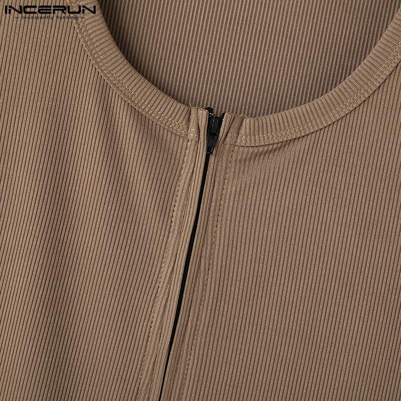 INCERUN Men Summer U Neck Sleeveless Zipper Rib Skinny Tank Tops