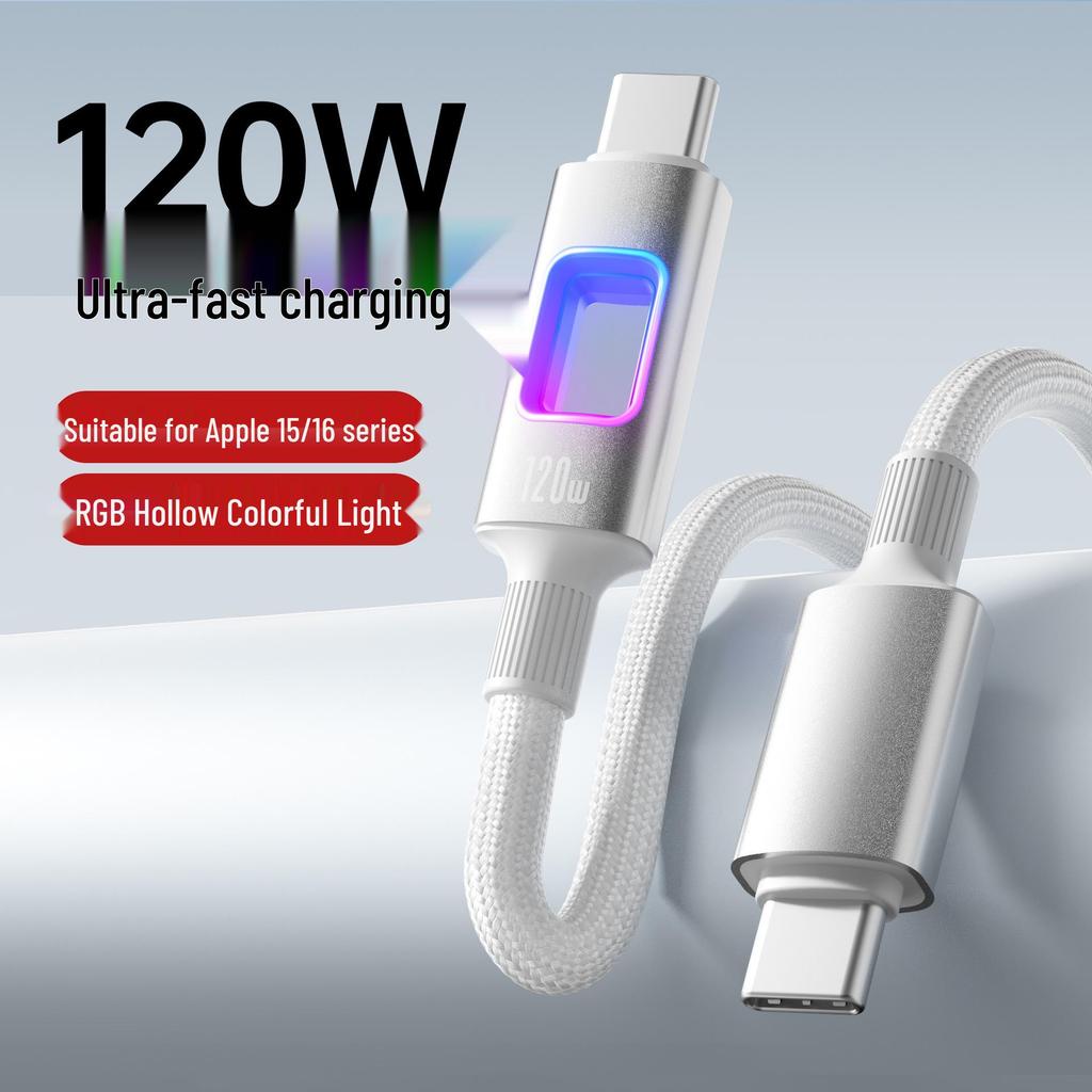 120W USB-C RGB Lighting Fast Charging Cable Compatible with Apple 16, Huawei Laptops, Car Chargers.