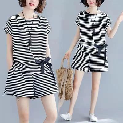 Summer Fashion Suit T-shirt Shorts Plus Size Women's Loose Striped Lace-up Casual Suit