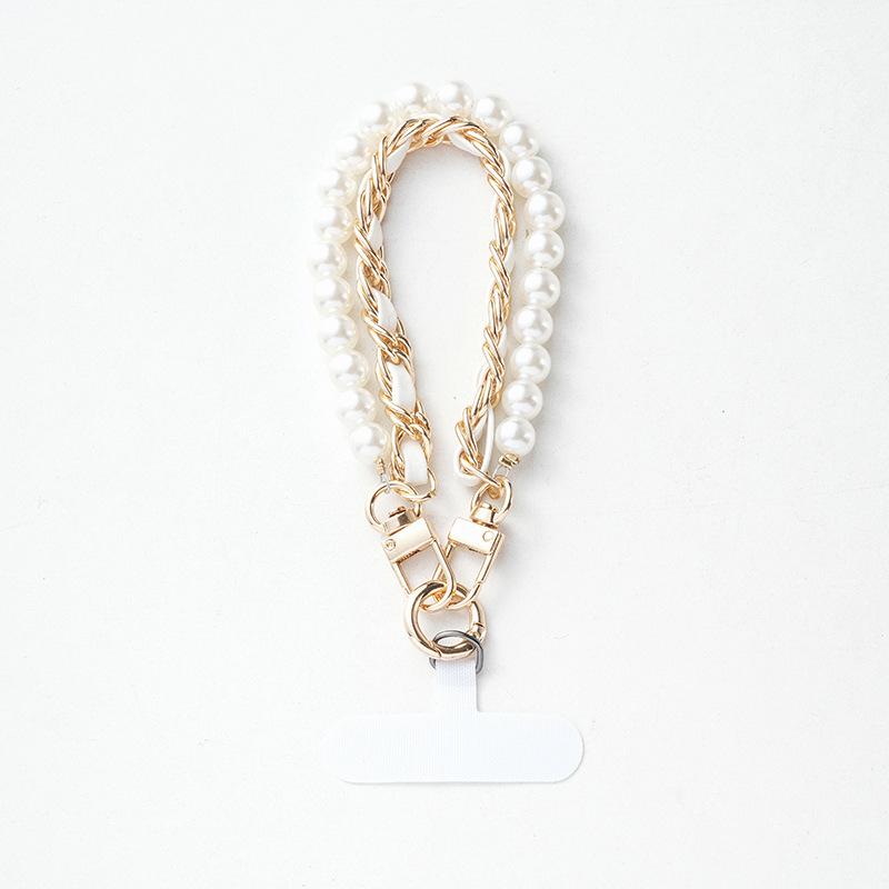 Women Short Wrist Pearl Chain Phone Lanyard Metal Buckle