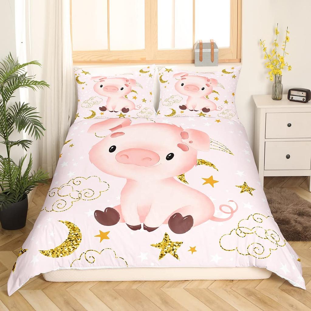 Rozā cūciņas gultas veļas komplekts King Queen Guļošas cūciņas segas pārvalks bērniem, zēniem, meitenēm, Kawaii dzīvnieku segas pārvalks ar 2 spilvendrānām