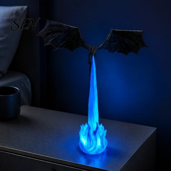 Dragon Sculpture Bookshelf Nook Light, 3D Printed Fire-Breathing Fantasy Flying Dragon, Shelf Accent Lamp Art Collectibles with LED Flame Gothic