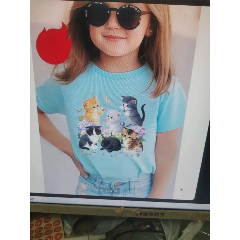 Dívčí tričko s potiskem kreslené kočky Polyesterové Letní Oblečení pro malé školačky Krátký rukáv Dětský top Kawaii Trička Dívčí topy