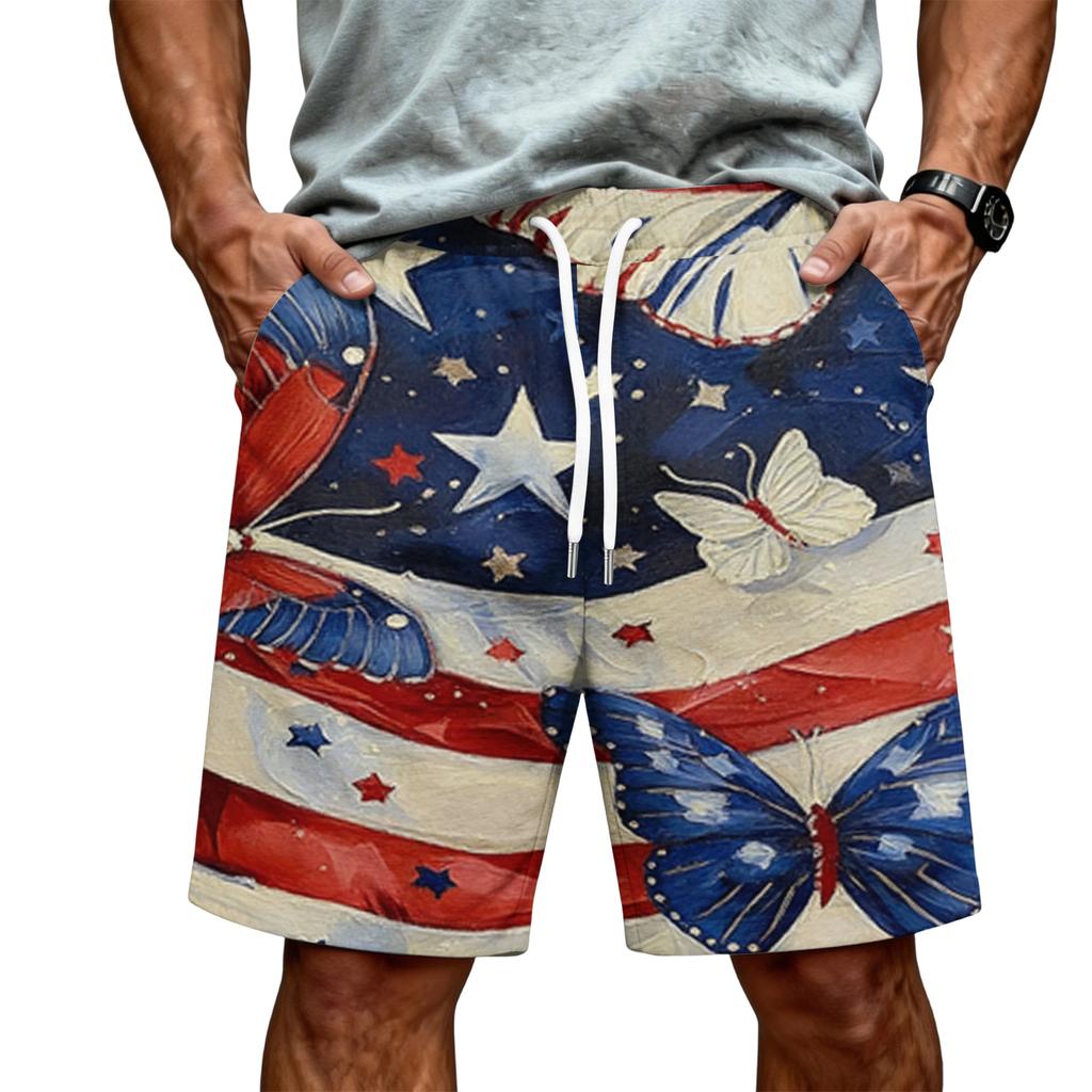 Men Drawstring Waist Shorts with Flag Print Elastic Adjustable Waistband Breathable Lightweight Fabric Casual Fit for Daily Wear