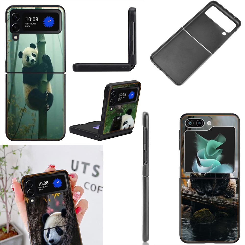 Panda Baby, Giant Panda Family Phone Case For Samsung Z Flip 7 6 5G Galaxy Z Flip4 Z Flip5 Z Flip3 Coque Black Hard PC Shell Pro