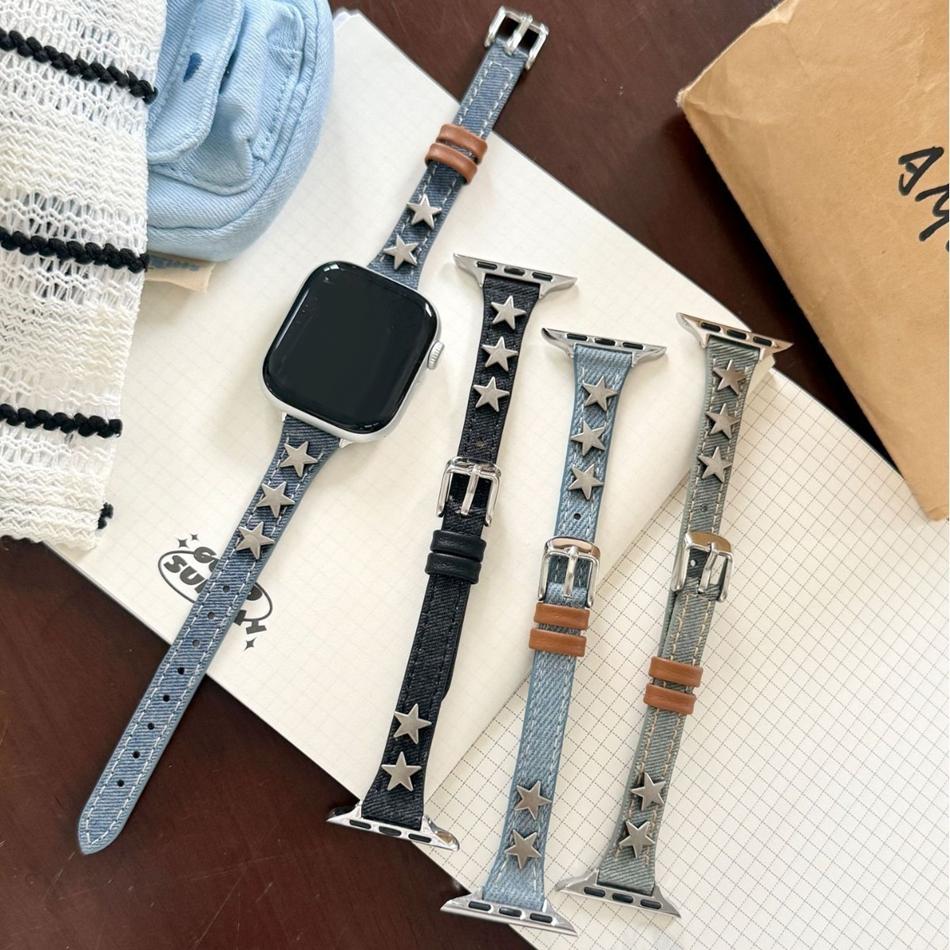 Star Rivet Denim Canvas Leather Bracelet For Apple Watch Band Series 11/10/9/8/7/6/Ultra iWatch Strap 49/46/45/44/42/41/40/38mm