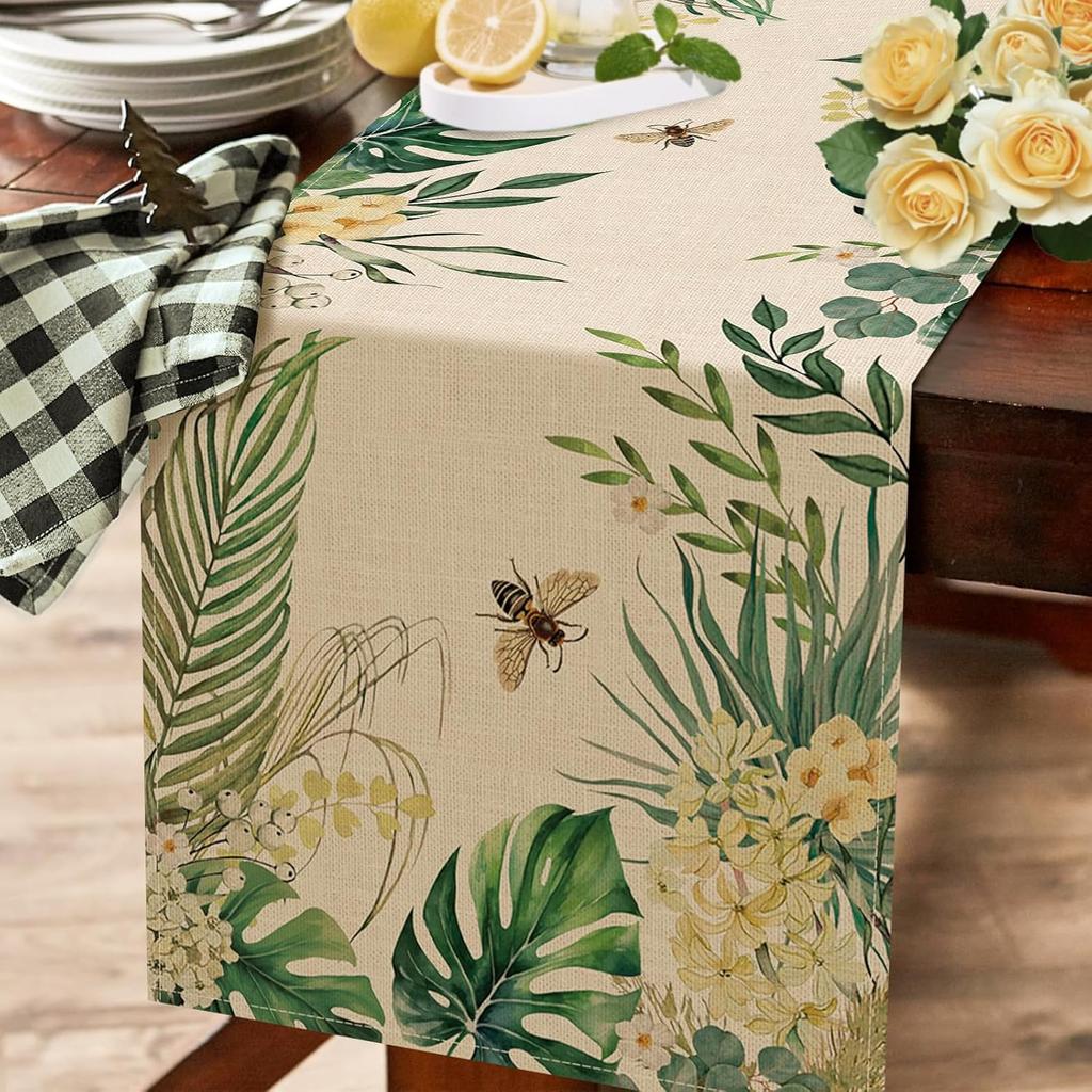 Spring Summer Palm Leaves Bee Linen Table Runner Party Decor Tropical Green Plant Kitchen Dining Table Runner Home Decorations