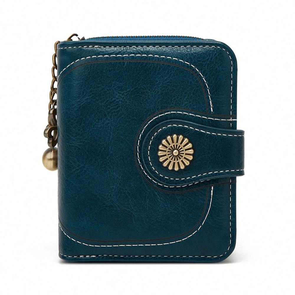 Женский трехскладной клатч из вощеной кожи: Стильный короткий кошелек-монетница на молнии с несколькими отделениями - Модель H173. синий