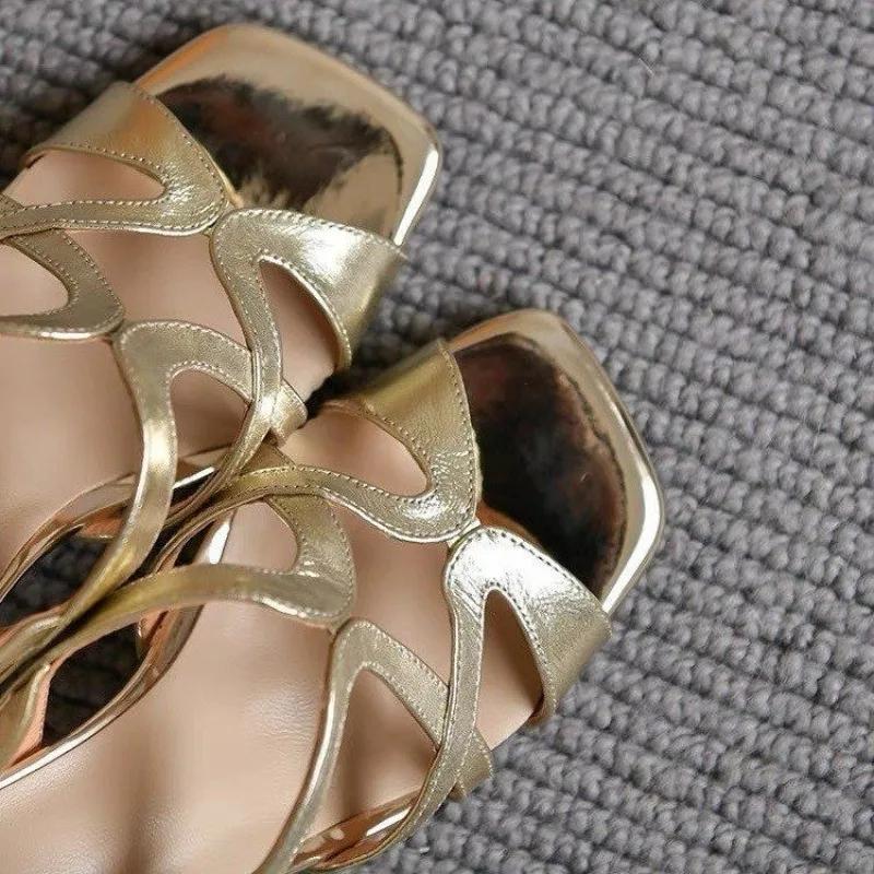 Fashion 2025 Summer New Square Toe Open Toe Women's Sandals Back Trip Strap Cutout Stiletto Versatile Silver Pump Shoes