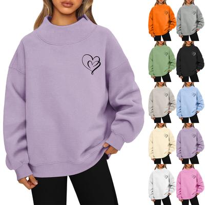 Women's Valentine's Day Print Fashion Loose High-Collar Long Sleeve Solid Color Sweatshirt Pullover