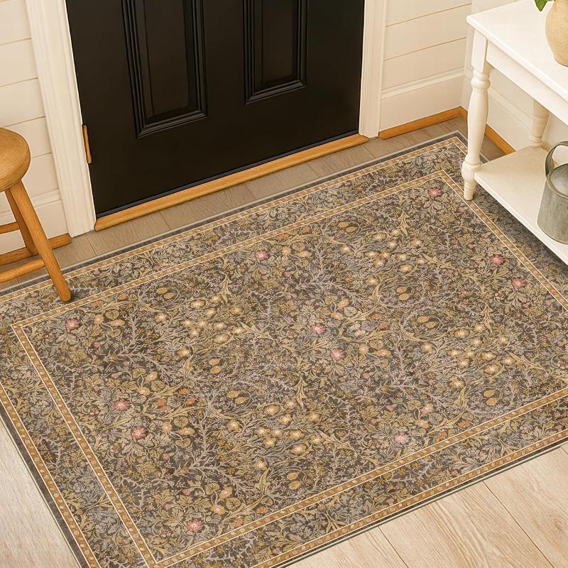 Dunkelgrüner Waschbarer Eingangsteppich Vor der Tür Läuferteppiche Innen Badezimmer Kleine Teppiche Vintage Floral Dünner Teppich für Küche Boho Dekor